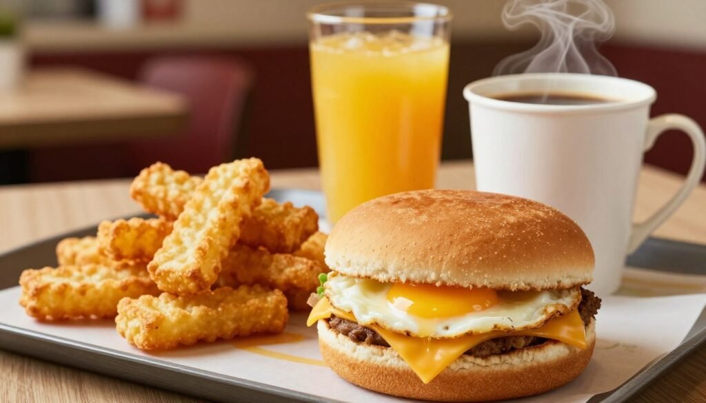 A beautifully arranged McDonald's breakfast combo featuring a classic Egg McMuffin, crispy hash browns, and a steaming cup of coffee. In the foreground, focus on the golden browns of the hash browns and the soft, warm muffin, with a perfectly cooked egg and cheese melted inside. In the middle ground, include a fresh orange juice in a clear cup, adding a pop of vibrant color. The background is softly blurred, showcasing a cozy diner setting with warm lighting, creating an inviting and appetizing atmosphere. Use a slightly elevated angle to capture the entire breakfast set, ensuring the colors and textures are vivid, reflecting a delightful morning meal experience. No text or logos present.