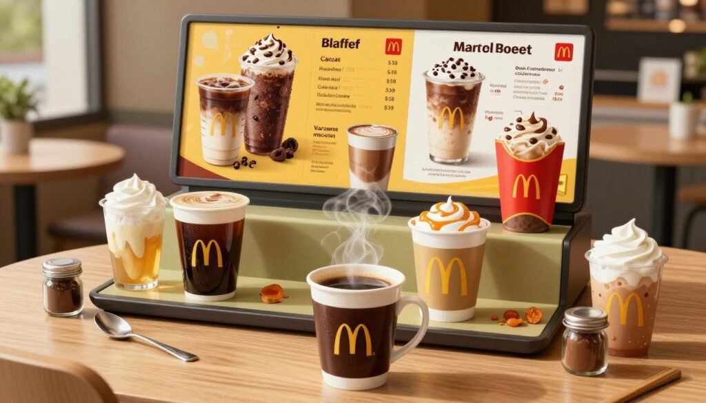 A beautifully arranged McDonald's coffee display featuring various flavors, including classic black coffee, caramel macchiato, and mocha. In the foreground, a steaming cup of freshly brewed coffee sits on a wooden table, surrounded by colorful coffee flavoring options, like vanilla syrup and whipped cream. The middle layer showcases a vibrant McDonald's coffee menu board, elegantly designed with enticing images of coffee beverages. The background includes a cozy café ambiance with soft lighting, emphasizing warmth and inviting atmosphere. The scene captures the essence of customization, with coffee accessories like spoons and small jars filled with flavorings. The mood is cheerful and inviting, encouraging a delightful coffee experience. Use natural light to highlight the textures and colors of the coffee.