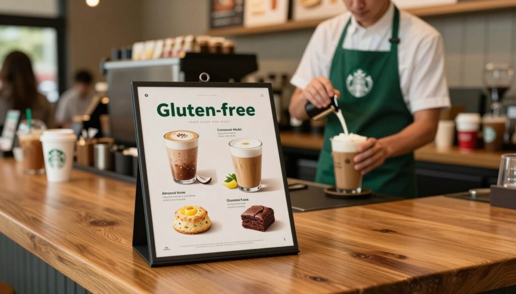 A beautifully arranged Starbucks gluten-free menu displayed prominently on a rustic wooden table. In the foreground, focus on an elegant menu board showcasing a variety of gluten-free drink options, such as almond milk lattes and coconut milk flat whites, along with gluten-free pastries like a lemon scone and chocolate brownie. The middle ground features a fresh, inviting atmosphere with a barista in a green apron, professionally crafted, preparing a drink with precision. Soft, warm lighting illuminates the scene to create a cozy ambiance, while the background captures a bustling Starbucks café with customers enjoying their beverages. The overall mood is welcoming and safe, emphasizing the available gluten-free choices.
