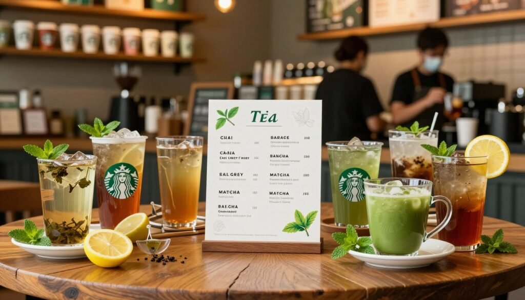A beautifully arranged Starbucks tea menu displayed on a rustic wooden table. In the foreground, a variety of vibrant tea cups, showcasing herbal, green, and black teas, garnished with fresh mint leaves and lemon slices. The middle features a carefully crafted menu card with elegant typography listing various tea options like Chai, Earl Grey, and Matcha, with illustrations of tea leaves and infusers beside each entry. The background is softly blurred, revealing a cozy cafe atmosphere with warm lighting, wooden shelves lined with Starbucks merchandise, and baristas preparing drinks. The overall mood is inviting and calming, evoking a sense of relaxation and enjoyment. The image should capture the essence of a tea lover's paradise, without any text or logos.