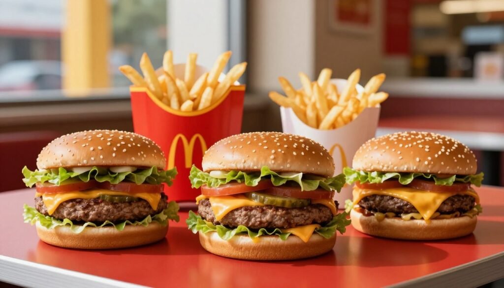 A beautifully arranged collection of iconic McDonald's burgers, including a Big Mac, Quarter Pounder, and Cheeseburger, placed on a vibrant red table. In the foreground, the burgers are expertly stacked, showcasing their fresh ingredients: layers of lettuce, pickles, juicy patties, and melted cheese. The middle ground features a side of golden, crispy French fries served in a classic McDonald's container, adding to the iconic allure. The background is softly blurred, evoking a lively McDonald's restaurant atmosphere with hints of bright yellow and red décor, creating a cheerful and inviting vibe. Natural sunlight floods in from a window, casting soft shadows and enhancing the appeal of the meal. Capture this scene from a slightly elevated angle, highlighting the enticing textures and colors of the burgers, while maintaining focus on their delicious details.