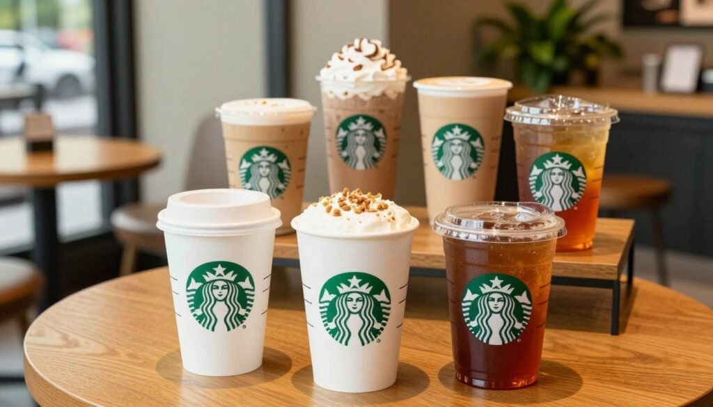 A beautifully arranged display of Starbucks menu sizes, featuring three iconic cup sizes: tall, grande, and venti. In the foreground, the cups are vividly detailed, showcasing their sleek designs with the recognizable Starbucks logo. The middle ground includes a stylish wooden table adorned with a variety of colorful beverages, like lattes, frappuccinos, and iced teas, each in their respective sizes. The background subtly hints at a cozy Starbucks café interior, complete with soft ambient lighting, large windows allowing natural light to filter in, and a hint of green from indoor plants. The atmosphere is warm and inviting, perfect for coffee lovers to explore their options. The image is captured with a slightly above-angle perspective to emphasize the cups and drinks while maintaining a professional and polished look.