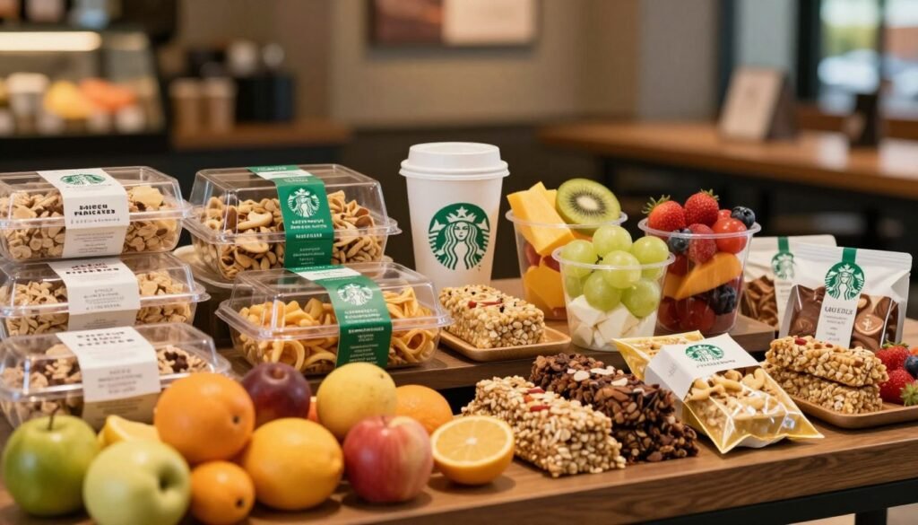 A beautifully arranged display of Starbucks snack options, showcasing a variety of healthy choices like protein boxes, fruit cups, and oat bars. In the foreground, highlight the vibrant colors of fresh fruits and neatly packaged snacks, emphasizing their nutritional value. In the middle, position a subtle Starbucks coffee cup to suggest a pairing. The background should feature a soft-focus image of a cozy Starbucks café interior, with warm lighting casting a welcoming glow. Utilize a soft lens to create an inviting atmosphere, suggesting a health-conscious choice. The overall mood should be inspiring and engaging, reflecting the theme of smart snacking in a vibrant coffeehouse setting.