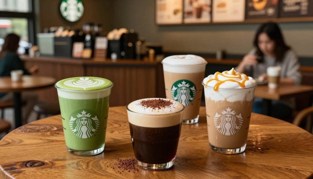 A beautifully arranged display of Starbucks specialty coffee creations on a rustic wooden table. In the foreground, a trio of signature drinks: a vibrant green matcha latte topped with a delicate foam art, a rich, dark espresso embellished with a sprinkle of cocoa, and a creamy caramel macchiato with drizzled caramel on top. The middle ground showcases a cozy Starbucks ambiance with warm lighting creating a welcoming atmosphere, including soft, blurred silhouettes of customers enjoying their beverages. In the background, blurred images of the Starbucks storefront and coffee brewing equipment evoke the essence of a bustling café. The scene captures a warm, inviting mood, emphasizing the artistry and craftsmanship behind each drink. The angle is slightly above the table, drawing the viewer's eyes to the intricate details of the coffee creations.