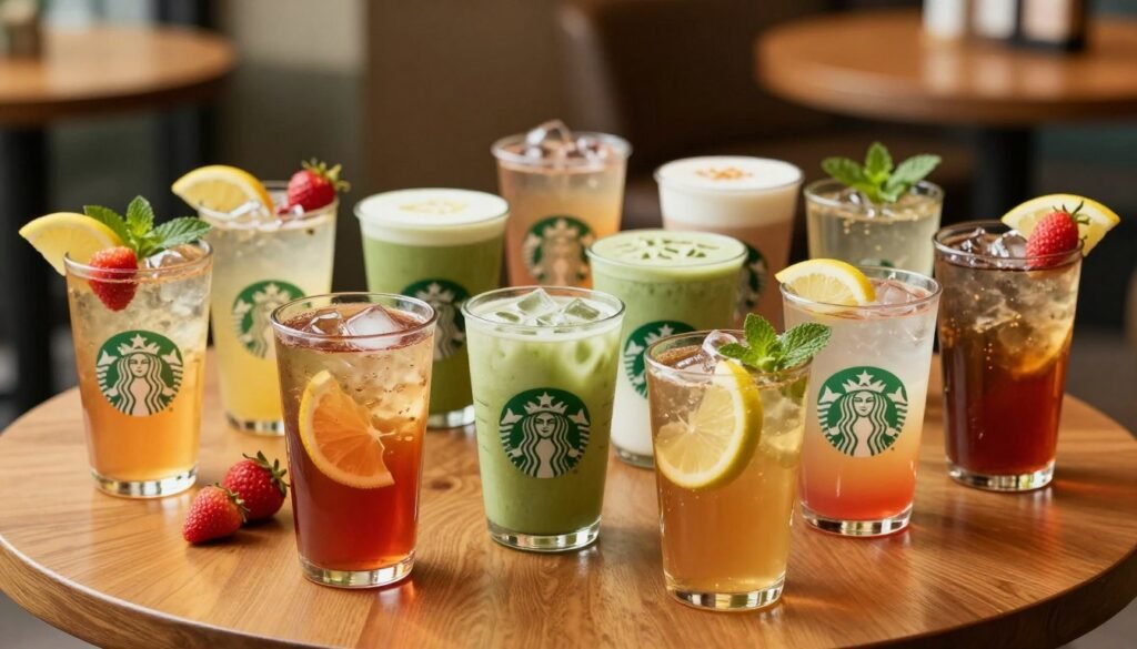 A beautifully arranged display of Starbucks tea varieties on a polished wooden table, showcasing an assortment of vibrant tea-based beverages. In the foreground, there are clear glass cups filled with colorful iced tea refreshers, featuring hints of fruit garnishes like slices of lemon, strawberries, and mint leaves. In the middle, soft, inviting hues of various brewed teas are presented, including a matcha latte and a soothing chamomile infusion. The background should feature a blurred Starbucks café ambiance, hinting at cozy seating and warm lighting. Capture the scene with a warm, natural light that emphasizes the freshness of the drinks, using a shallow depth of field to draw attention to the vivid colors of the teas. The mood is refreshing and inviting, perfect for tea lovers. A beautifully arranged display of Starbucks tea varieties on a polished wooden table, showcasing an assortment of vibrant tea-based beverages. In the foreground, there are clear glass cups filled with colorful iced tea refreshers, featuring hints of fruit garnishes like slices of lemon, strawberries, and mint leaves. In the middle, soft, inviting hues of various brewed teas are presented, including a matcha latte and a soothing chamomile infusion. The background should feature a blurred Starbucks café ambiance, hinting at cozy seating and warm lighting. Capture the scene with a warm, natural light that emphasizes the freshness of the drinks, using a shallow depth of field to draw attention to the vivid colors of the teas. The mood is refreshing and inviting, perfect for tea lovers.