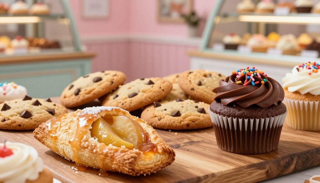 A beautifully arranged display of Wendy's bakery items, featuring a variety of delectable desserts. In the foreground, showcase a warm, flaky apple turnover glistening with a sugary glaze, beside a rich chocolate frosted cupcake topped with colorful sprinkles. In the middle, incorporate an assortment of cookies, including classic chocolate chip and snickerdoodles, artfully presented on a rustic wooden platter. The background features soft lighting that illuminates a cozy bakery setting, with hints of pastel-colored walls and a vintage pastry case displaying additional treats. Use a shallow depth of field to create a warm and inviting atmosphere, making the desserts the focal point, while soft shadows enhance the textures of the baked goods. Overall, evoke a sense of indulgence and sweetness.