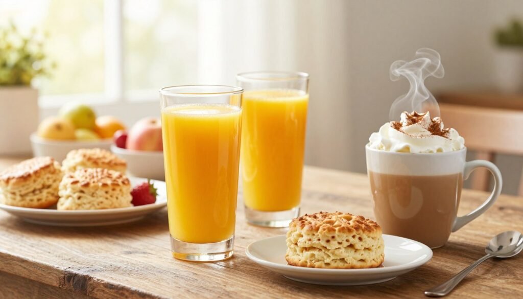 A beautifully arranged selection of Wendy's breakfast beverages showcased on a rustic wooden table, featuring a vibrant orange juice in a tall glass, a steaming cup of rich coffee in a classic white mug, and an iced biscuit-flavored latte topped with whipped cream and a sprinkle of cinnamon. The foreground highlights the beverages with a soft focus that brings out the textures and colors. In the middle ground, fresh breakfast items like fluffy biscuits and colorful fruit bowls softly blur as they complement the drinks. The background features a sunlit window with soft morning light pouring in, creating a warm, inviting atmosphere. The overall mood is cheerful and appetizing, evoking the comfort of a hearty breakfast. A beautifully arranged selection of Wendy's breakfast beverages showcased on a rustic wooden table, featuring a vibrant orange juice in a tall glass, a steaming cup of rich coffee in a classic white mug, and an iced biscuit-flavored latte topped with whipped cream and a sprinkle of cinnamon. The foreground highlights the beverages with a soft focus that brings out the textures and colors. In the middle ground, fresh breakfast items like fluffy biscuits and colorful fruit bowls softly blur as they complement the drinks. The background features a sunlit window with soft morning light pouring in, creating a warm, inviting atmosphere. The overall mood is cheerful and appetizing, evoking the comfort of a hearty breakfast.