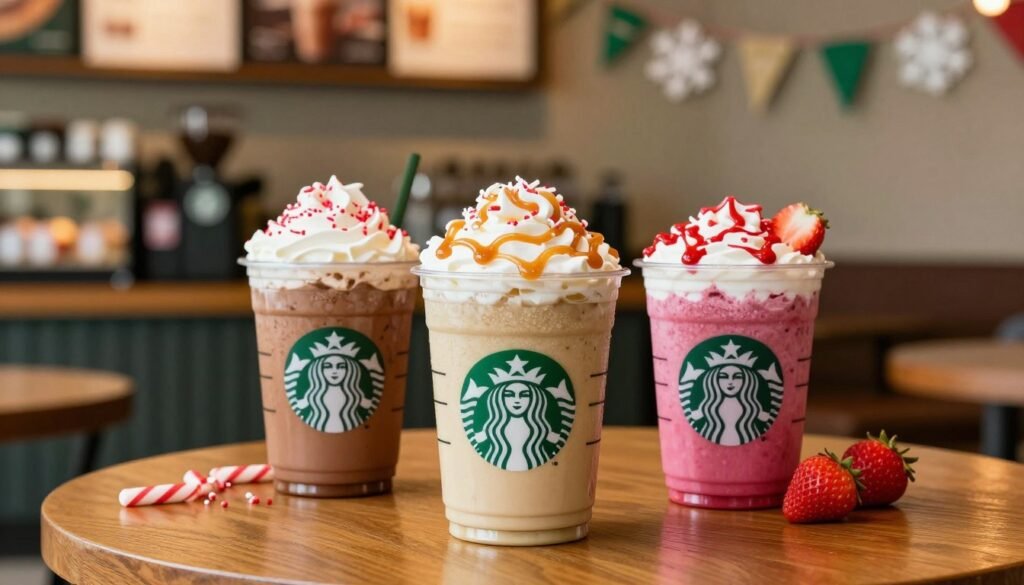 A beautifully arranged set of Starbucks seasonal Frappuccino flavors displayed on a polished wooden table. In the foreground, showcase three vibrant Frappuccino cups in festive holiday-themed colors: a rich peppermint mocha with whipped cream and red and white sprinkles, a warm caramel brulee topped with caramel drizzle, and a bright summer strawberry acai with fresh strawberries. The middle ground features a decorated Starbucks store ambiance with soft, warm lighting creating a cozy atmosphere. In the background, subtle hints of seasonal decorations such as snowflakes and straw hat banners, symbolizing winter and summer editions. Capture the scene using a close-up angle with a soft depth of field effect to enhance the focus on the Frappuccinos, evoking a joyful and inviting mood perfect for seasonal indulgence.