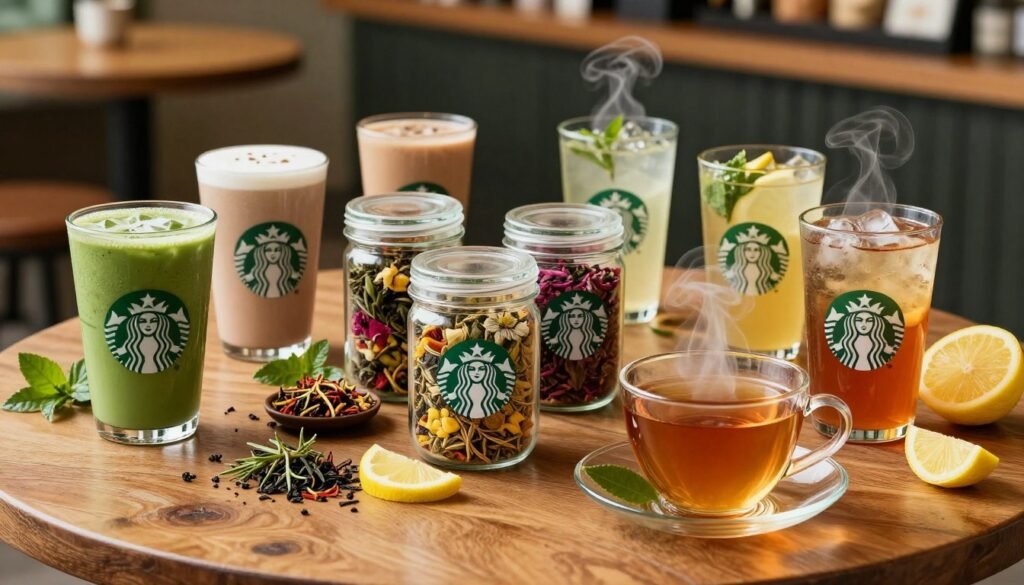A beautifully arranged table showcasing an array of Starbucks tea options, including vibrant green matcha, aromatic chai, and refreshing herbal infusions, all in elegant glassware. In the foreground, a steaming cup of tea with a delicate tea leaf resting on the saucer, set against a backdrop of a rustic wooden table. In the middle, a collection of colorful tea blends displayed in clear jars, surrounded by fresh herbs and lemon slices, emphasizing their health benefits. The background includes a softly blurred Starbucks café setting, with warm lighting to create a cozy atmosphere. The scene is captured from a slightly elevated angle to highlight the vibrant colors and textures, evoking a sense of relaxation and wellness. A beautifully arranged table showcasing an array of Starbucks tea options, including vibrant green matcha, aromatic chai, and refreshing herbal infusions, all in elegant glassware. In the foreground, a steaming cup of tea with a delicate tea leaf resting on the saucer, set against a backdrop of a rustic wooden table. In the middle, a collection of colorful tea blends displayed in clear jars, surrounded by fresh herbs and lemon slices, emphasizing their health benefits. The background includes a softly blurred Starbucks café setting, with warm lighting to create a cozy atmosphere. The scene is captured from a slightly elevated angle to highlight the vibrant colors and textures, evoking a sense of relaxation and wellness.