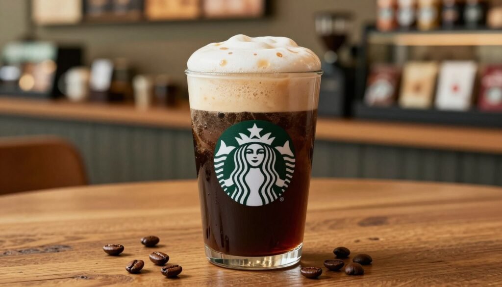 A beautifully crafted Starbucks Nitro Cold Brew coffee, served in a clear glass with a thick, creamy head of nitrogen foam. The glass is placed on a rustic wooden table, adorned with delicate coffee beans scattered around it. In the background, a softly blurred Starbucks café interior with warm, inviting lighting and shelves displaying various coffee products can be seen, creating an atmosphere of comfort and relaxation. The shot is taken at a 45-degree angle to emphasize the texture of the cold brew and the foam. The lighting is natural, highlighting the rich, dark tones of the coffee contrasted by the light, airy foam. The overall mood is inviting and refreshing, reflecting the perfect beverage choice for coffee lovers.