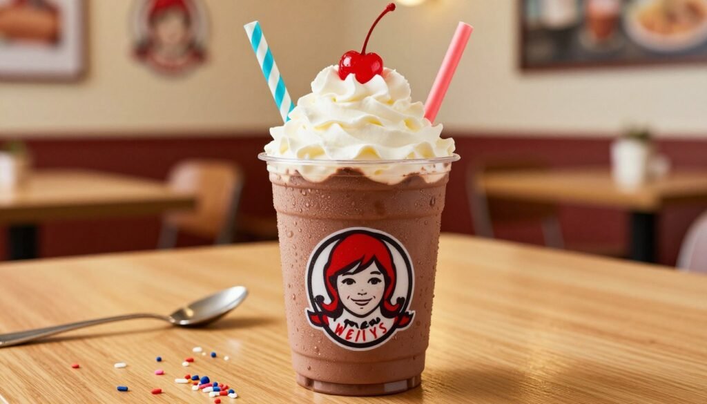 A beautifully styled Wendy's Frosty Float sits prominently in the foreground, showcasing a cup filled with rich chocolate Frosty, topped with a generous swirl of whipped cream and a vibrant cherry. The float is accompanied by a colorful straw peeking out and condensation glistening on the cup, emphasizing its refreshing allure. In the middle ground, a wooden table adds warmth and texture, with a few scattered sprinkles and a spoon nearby, hinting at dessert enjoyment. The background features an inviting fast-food setting blurred out to maintain focus on the Frosty Float, with soft, warm lighting casting a golden, appetizing glow. The mood is cheerful and indulgent, capturing a moment of sweet temptation that invites readers to explore dessert modifications and hacks.