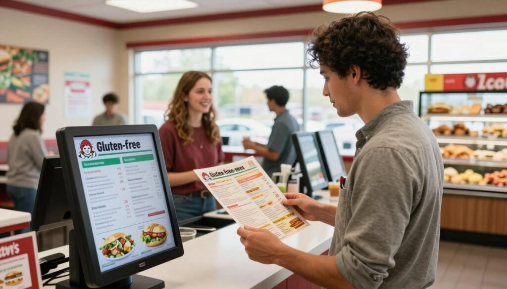 A bright, inviting Wendy's restaurant interior with a focus on a gluten-free menu selection. In the foreground, a stylish, professional-looking customer in casual attire examines the menu displayed prominently on a digital kiosk, showcasing gluten-free options like salads, baked potatoes, and grilled chicken sandwiches. The middle ground features a friendly cashier interacting with other customers, creating a welcoming atmosphere. In the background, large windows let in natural light, illuminating vibrant decor and colorful food displays. The scene captures a mood of ease and inclusivity, highlighting the availability of gluten-free choices at Wendy's. Use a slightly wide-angle lens to emphasize the communal space, with warm, soft lighting to enhance the inviting ambiance.
