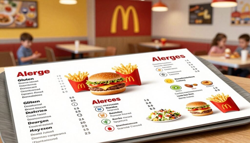 A bright, well-organized McDonald's menu highlighting allergen information prominently. In the foreground, a clean and easily readable menu board displaying various food items categorized by allergen types—like gluten, nuts, dairy, and seafood. In the middle ground, a detailed illustration of a burger, fries, and a salad, with icons indicating safe options for individuals with specific allergies. The background features a cheerful McDonald's restaurant with vibrant colors, soft lighting, and tables with family-friendly decor. The atmosphere is inviting and friendly, suggesting a safe dining experience. The angle is slightly overhead to capture the menu layout effectively, emphasizing clarity and accessibility, making it a perfect visual representation for practical tips on ordering with food allergies at McDonald's.