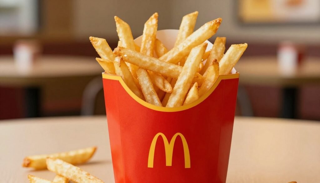 A close-up image of a generous serving of McDonald's French fries, golden brown and perfectly crispy, piled high in a classic red McDonald's fry container with the iconic logo. The fries glisten lightly under warm, inviting lighting, highlighting their irresistible texture and enticing color. In the foreground, a few fries are scattered artistically, emphasizing their deliciousness. The background features a blurred, clean fast-food interior, hinting at a casual dining atmosphere. Soft reflections on the surface of a nearby table enhance the warm vibe, inviting viewers to indulge in this beloved side dish. The scene evokes a sense of nostalgia and comfort, perfect for showcasing the iconic offering of McDonald's as a must-try accompaniment.