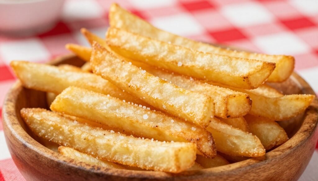 A close-up shot of Wendy's natural-cut fries arranged in a rustic wooden bowl, showcasing their crisp, golden-brown texture and uneven shapes. Each fry glistens with a light coating of sea salt, hinting at its fresh and savory flavor. In the background, a soft-focus image of a red and white checkered tablecloth adds a cozy, casual dining atmosphere. The lighting is warm and inviting, creating a sense of midday comfort, with subtle shadows enhancing the texture of the fries. The image captures an appealing angle, highlighting the fries’ deliciousness, evoking a satisfying side item that complements a hearty lunch. The overall mood is cheerful and appetizing, perfect for emphasizing a delightful lunchtime experience.
