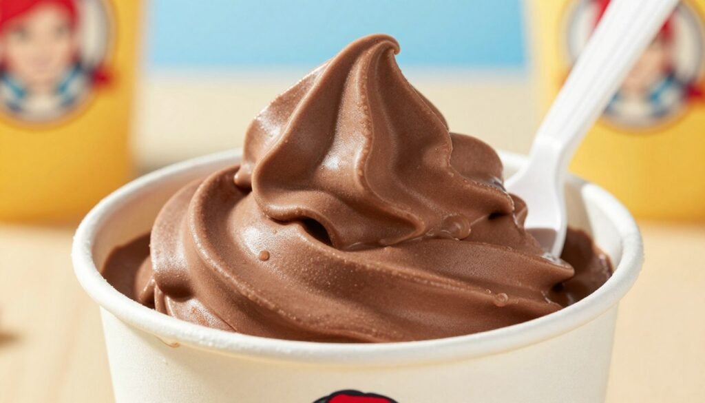 A close-up view of a Wendy's Frosty, showcasing its creamy texture and rich chocolate color. The Frosty is in a branded cup, with a spoon resting on the side. The foreground features a few melting droplets on the rim, emphasizing its inviting chill. In the middle, soft, natural lighting highlights the Frosty's smooth surface, creating a glistening effect. The background is softly blurred, hinting at an outdoor setting with bright, cheerful colors suggesting a sunny day. The atmosphere is refreshing and inviting, appealing to those seeking a tasty treat. Use a shallow depth of field to ensure the Frosty remains the focal point of the image.