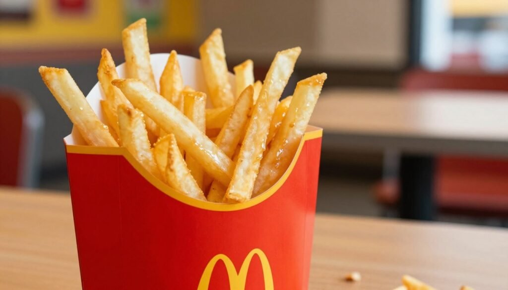 A close-up view of a vibrant red McDonald's container overflowing with golden, crispy French Fries, positioned prominently in the foreground. The fries are glistening, showcasing their perfect texture and tempting appearance. In the middle ground, a small wooden table with a rustic finish provides an inviting atmosphere, with a few crumbs scattered around to suggest indulgence. The background is softly blurred, highlighting the ambiance of a fast-food restaurant, with hints of yellow and red decor subtly blending in. The lighting is warm and inviting, resembling a bright lunchtime setting, while the angle is slightly elevated to emphasize the fries perfectly. The overall mood is cheerful, conveying a sense of enjoyment and satisfaction, making it irresistible to any viewer.