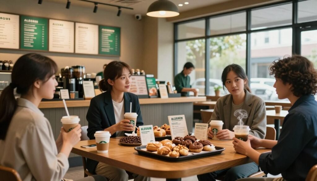 A cozy Starbucks café interior, featuring a welcoming atmosphere with warm lighting from overhead fixtures casting a soft glow. In the foreground, a diverse group of customers, dressed in professional business attire and modest casual clothing, are engaged in conversations while holding their drinks. A barista behind the counter is preparing beverages with visible allergen-friendly labels on menu boards. In the middle, a table displaying various food items from the allergen menu, clearly showcasing gluten-free pastries and nut-free options, surrounded by fresh coffee beans and a steaming cup. The background includes the cafe’s signature green and white décor, with large windows revealing a sunny day outside, creating an inviting and safe environment for those with food allergies.