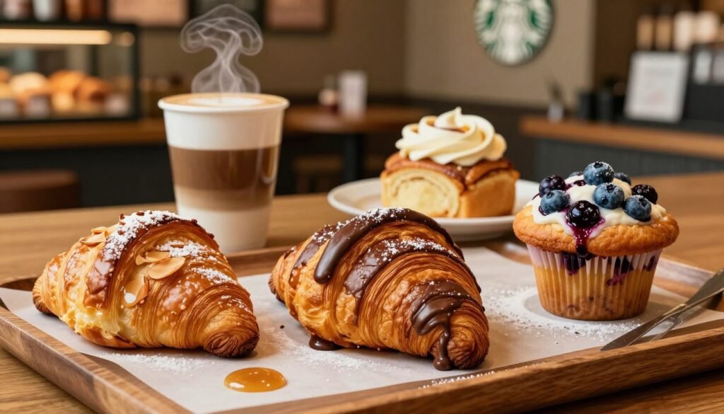 A cozy and inviting Starbucks bakery display featuring an array of fresh, delicious items. In the foreground, highlight a flaky almond croissant with golden-brown layers, a rich chocolate croissant with melted chocolate oozing out, and a vibrant blueberry muffin bursting with juicy berries. Surround these treats with sprinkled powdered sugar and a delicate drizzle of caramel on the muffin. In the middle ground, showcase a steaming cup of coffee and a small plate with a cinnamon roll adorned with cream cheese frosting. The background should consist of a softly blurred Starbucks café interior with warm, ambient lighting, creating a welcoming atmosphere. Use a slightly elevated angle to capture the details of the bakery items while providing a glimpse of the café’s cozy ambiance. The mood should be warm and inviting, perfect for a morning breakfast setting.