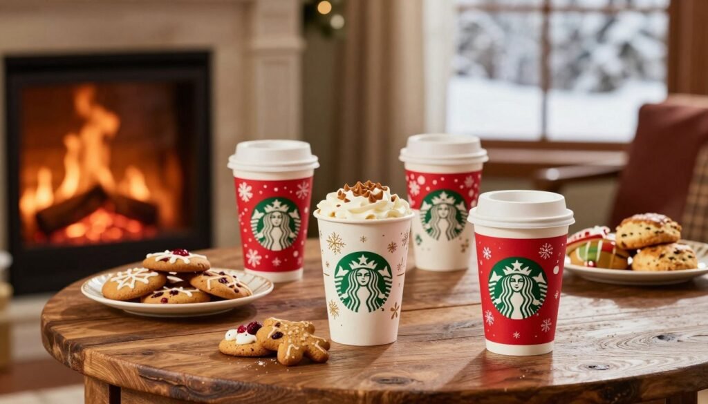A cozy, inviting scene showcasing a variety of iconic Starbucks winter cup designs intricately arranged on a rustic wooden table. In the foreground, display three distinctive cups featuring seasonal artwork, each adorned with festive patterns of snowflakes, holiday ornaments, and warm colors of red, green, and gold. In the middle ground, include a softly glowing fireplace with flickering flames, accompanied by a plate of freshly baked seasonal treats like gingerbread cookies and cranberry scones. In the background, a softly blurred window reveals a snowy landscape, enhancing the wintry atmosphere. Use warm, soft lighting to create a welcoming, cozy ambiance, and focus on a slightly elevated angle to capture the details of the cups and treats, inviting viewers to experience the warmth of the holiday season.