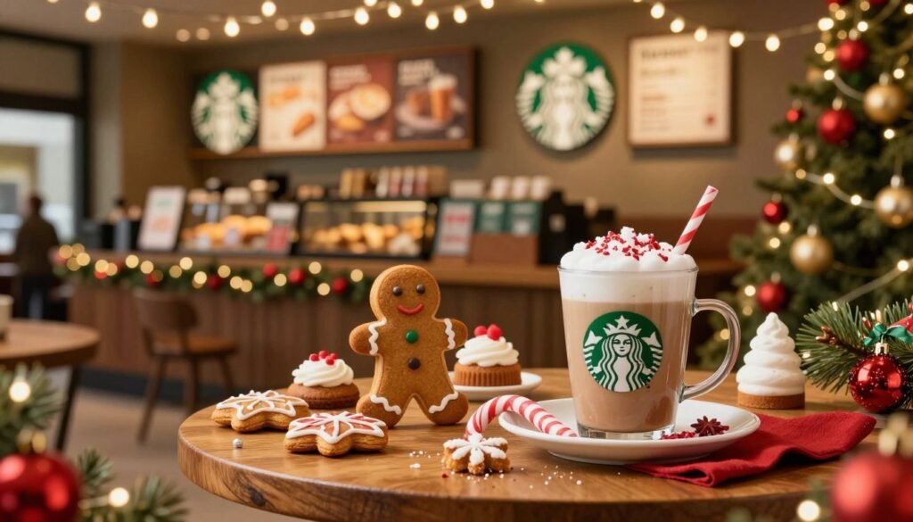 A cozy winter scene featuring an inviting display of Starbucks winter treats, including festive pastries like gingerbread men, peppermint cake pops, and a warm, frothy peppermint mocha surrounded by vibrant red and green hues of holiday decorations. In the foreground, a well-decorated wooden table holds these delightful treats, with soft focus on a twinkling string of lights above. The middle background showcases a cozy Starbucks store with a warm ambiance, adorned with holiday garlands and festive ornaments. Soft, golden lighting casts a gentle glow, creating a comforting, inviting atmosphere that evokes the spirit of winter delights. The angle is slightly elevated, capturing both the delicious treats and the charming setting, encouraging a sense of warmth and indulgence.