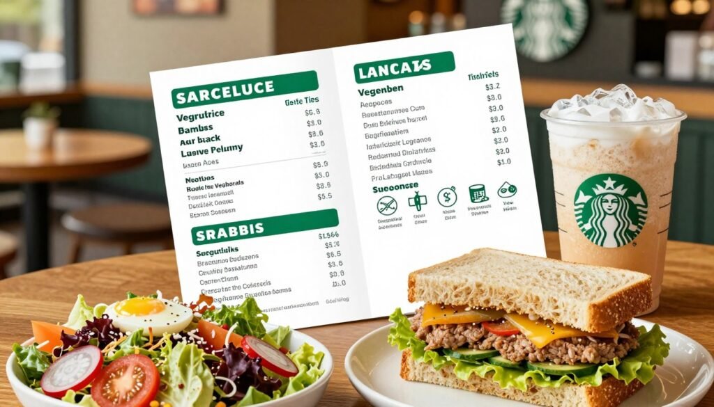 A detailed flat lay image showcasing a Starbucks lunch nutritional information handout. In the foreground, vibrant dishes from the Starbucks lunch menu, such as a colorful salad, a hearty sandwich, and a refreshing beverage, are artistically arranged. In the middle, the handout displays clearly organized nutritional information, with prominent sections highlighting calories, protein, and dietary options, using icons to signify vegetarian, vegan, and gluten-free choices. The background features a softly blurred Starbucks café interior, with warm natural lighting creating an inviting atmosphere. The composition should focus on clarity and readability, with a slight overhead angle enhancing the visual appeal. The overall mood should be bright and appetizing, perfect for highlighting health-conscious choices.