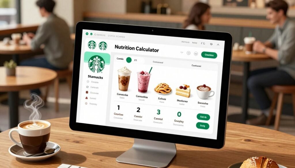 A digital illustration of a Starbucks Nutrition Calculator interface, featuring a clean and user-friendly design with vibrant colors. In the foreground, a computer screen displays the calculator, showcasing nutritional graphics and drink options like lattes, smoothies, and pastries. The middle ground includes a stylish coffee shop setting with a wooden table, and a steaming cup of coffee beside the computer. In the background, there are blurred outlines of customers enjoying their drinks, enhancing the café atmosphere. The lighting is warm and inviting, evoking a cozy ambiance, captured from a slightly elevated angle to highlight the screen's details. The mood is informative and approachable, suitable for health-conscious individuals exploring nutritious menu choices.