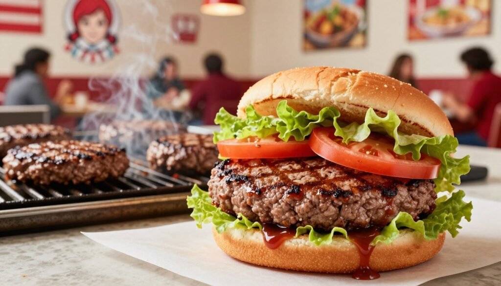 A mouthwatering scene showcasing Wendy's fresh, never frozen beef patty, perfectly grilled and glistening in the light. In the foreground, the beef is nestled in a freshly baked, lightly toasted bun, adorned with crisp lettuce and ripe tomato slices, with a drizzle of special sauce. In the middle ground, a sizzling grill can be seen, with a few more patties cooking, releasing appetizing smoke. The background features a bright and inviting restaurant interior, complete with cheerful decor and the subtle blur of other lunch patrons enjoying their meals. The overall mood is warm and inviting, emphasizing quality and freshness. Use soft, natural lighting to highlight the textures of the beef and make the colors pop, shot with a slight low angle to emphasize the freshness and appeal of the food.