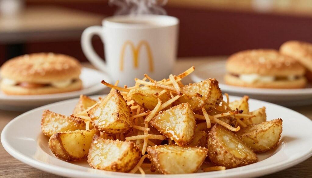 A perfectly golden-brown serving of hash browns, crispy and freshly cooked, placed prominently in the foreground on a simple white plate. Each shredded potato piece is distinct and glistening with a touch of oil, highlighting its crunchiness. In the middle, a soft-focus view of a classic McDonald's breakfast setting with a steaming cup of coffee and a biscuit can be seen, enhancing the breakfast ambiance. The background features a cozy diner atmosphere with warm, soft lighting that creates an inviting and homely vibe. The scene captures a morning energy, emphasizing comfort food and the joy of breakfast, presented from a slightly elevated angle to showcase the texture and appeal of the hash browns. No text or branding is visible.