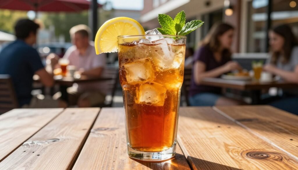 A refreshing glass of Wendy's iced tea filled to the brim, showcasing vibrant hues of amber and gold, sitting on a rustic wooden table. In the foreground, the glass sparkles with condensation, highlighting the coolness of the drink. A slice of fresh lemon and a few mint leaves garnish the rim, adding a pop of color. In the middle background, a cozy outdoor café scene can be seen with patrons enjoying their meals under bright sunshine, creating a lively and inviting atmosphere. The lighting is warm and natural, casting soft shadows to enhance the inviting feel. Capture this scene from a slightly elevated angle, focusing on the glass to emphasize the deliciousness of Wendy's iced tea, while ensuring no logos or branding elements are present.