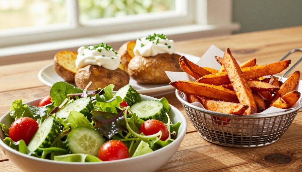 A rustic wooden table is filled with an array of delicious gluten-free side dishes available at Wendy's. In the foreground, a vibrant garden salad with fresh greens, cherry tomatoes, and cucumbers is beautifully arranged in a bowl. Next to it, crispy sweet potato fries sport a golden hue, perfectly presented in a paper-lined basket. In the middle ground, a small platter features classic baked potatoes topped with a dollop of chives and sour cream. In the background, soft natural light filters through a nearby window, creating a warm, inviting atmosphere. The angle should capture the dimension and freshness of the food, with a focus on textures that emphasize the wholesome, gluten-free nature of the dishes. The mood is cheerful and appetizing, encouraging a healthy lifestyle.