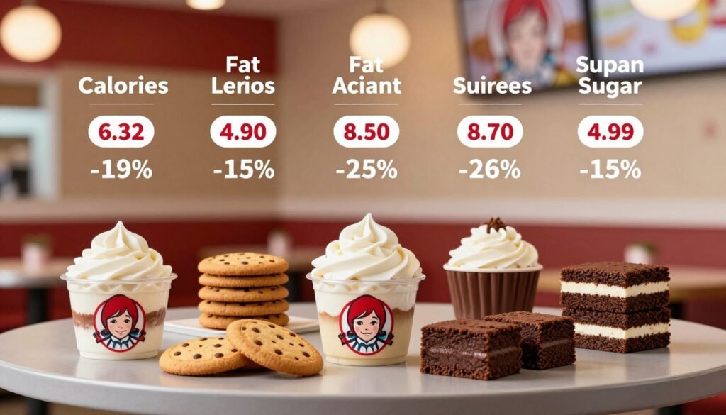 A stylish, visually appealing composition showcasing nutritional information for a selection of Wendy's desserts. Foreground features an array of desserts such as frosty, cookies, and brownies, artfully arranged on a sleek, modern table. In the middle ground, elegant infographics display calorie counts, fat content, and sugar levels, designed in a clear and attractive layout. The background consists of a softly blurred Wendy's restaurant setting, with warm, inviting lighting that enhances the rich colors of the desserts. The overall atmosphere is friendly and engaging, inviting the viewer to delve into dietary choices while relishing Wendy's delectable offerings. The image should maintain a professional aesthetic and include no text or branding elements.