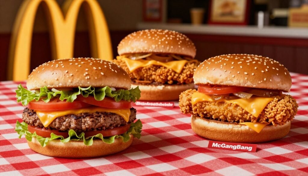 A tantalizing assortment of McDonald's secret menu burgers artfully arranged on a vibrant red checkered tablecloth. In the foreground, feature an oversized "Land, Sea, and Air" burger, packed with layers of beef, chicken, and fish, garnished with fresh lettuce and tomatoes. Next to it, the "McGangBang," showcasing a double cheeseburger with a fried chicken patty inside. In the middle ground, add a delicious "Big McChicken," featuring crispy chicken patties as the bun with melted cheese. The background should include the iconic golden arches softly blurred, hinting at a busy McDonald's setting. Use warm, inviting lighting to enhance the appetizing colors, and angle the shot slightly from above to capture the juicy details of the burgers. The overall mood should be friendly and nostalgic, invoking the joy of a classic fast-food experience.