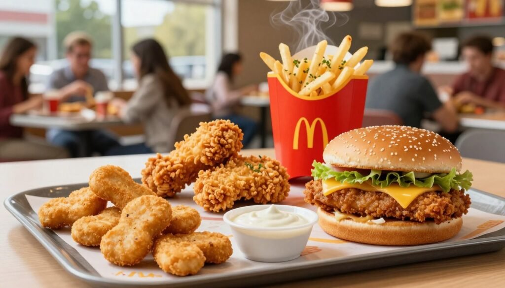 A vibrant McDonald's lunch scene featuring a variety of chicken menu options on a bright tray. In the foreground, include crispy Chicken McNuggets arranged neatly beside a classic McChicken sandwich, with a small bowl of tangy dipping sauce. In the middle, display a golden-brown Spicy McChicken and a side of steaming, seasoned fries, garnished with fresh herbs. The background shows a vibrant McDonald’s restaurant interior with friendly patrons enjoying their meals. Utilize natural daylight filtering through large windows to create a warm and inviting atmosphere. The image should convey a sense of comfort and satisfaction, perfect for a midday meal. Use a slightly angled perspective to make the food items appear appealing and prominent while ensuring a clean and polished look without any text or clutter.