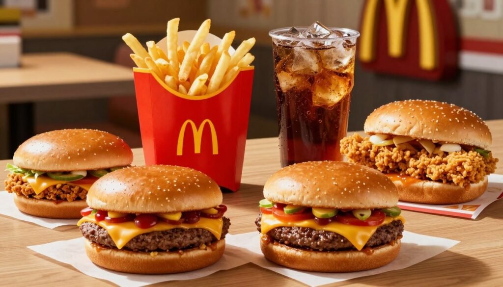 A vibrant McDonald's value menu spread showcasing a variety of appetizing items arranged aesthetically on a wooden table. In the foreground, feature two classic cheeseburgers drizzled with condiments, their golden buns glistening under warm, natural lighting. In the middle, display crispy French fries in a red container and a refreshing soft drink with ice, placed next to a savory spicy McChicken sandwich. The background features a blurred McDonald's logo and a hint of restaurant ambiance, highlighting a welcoming atmosphere. Capture the scene with a slightly elevated angle to emphasize the food items and their enticing textures, creating a mouthwatering appeal. A vibrant McDonald's value menu spread showcasing a variety of appetizing items arranged aesthetically on a wooden table. In the foreground, feature two classic cheeseburgers drizzled with condiments, their golden buns glistening under warm, natural lighting. In the middle, display crispy French fries in a red container and a refreshing soft drink with ice, placed next to a savory spicy McChicken sandwich. The background features a blurred McDonald's logo and a hint of restaurant ambiance, highlighting a welcoming atmosphere. Capture the scene with a slightly elevated angle to emphasize the food items and their enticing textures, creating a mouthwatering appeal.
