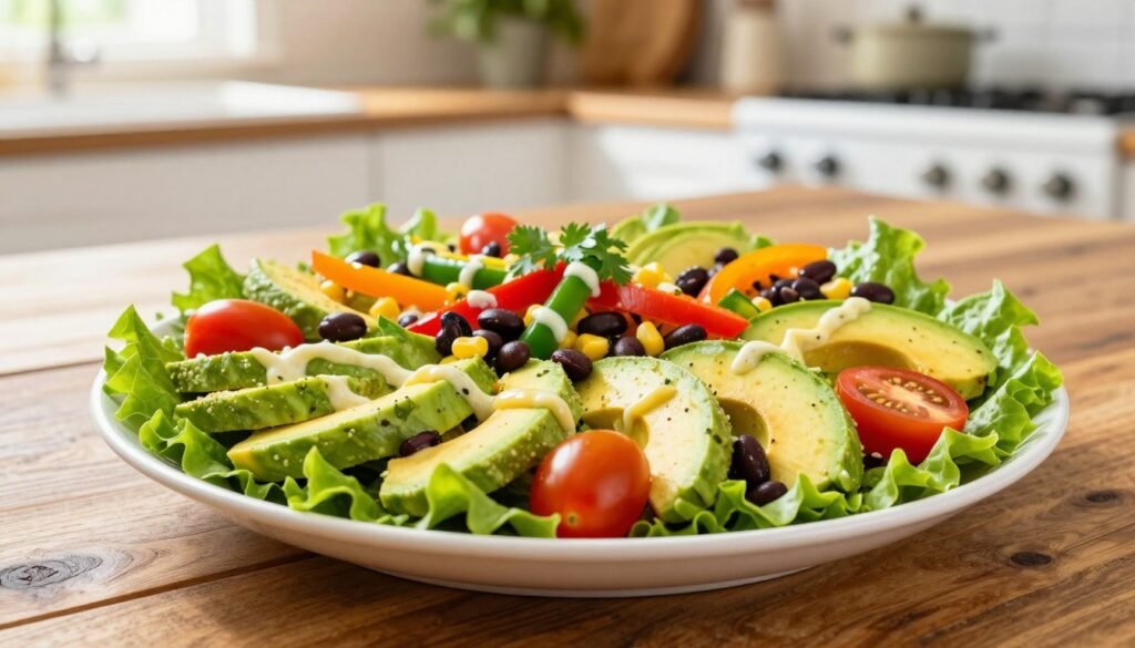 A vibrant Southwest Avocado Salad beautifully arranged on a rustic wooden table. The foreground features a generous serving of fresh, sliced avocados, multi-colored cherry tomatoes, and crisp romaine lettuce, sprinkled with black beans and corn. In the middle, a colorful medley of bell peppers adds a pop, while a cilantro-lime dressing drizzles artfully over the salad. The background includes a soft-focus view of a bright, sunlit kitchen with subtle greenery to convey freshness and warmth. The lighting is natural and bright, enhancing the salad's colors. The image captures a casual, inviting atmosphere, perfect for food enthusiasts seeking healthy, Tex-Mex inspired options. The angle is slightly overhead, showcasing the salad's layers for a tempting effect.