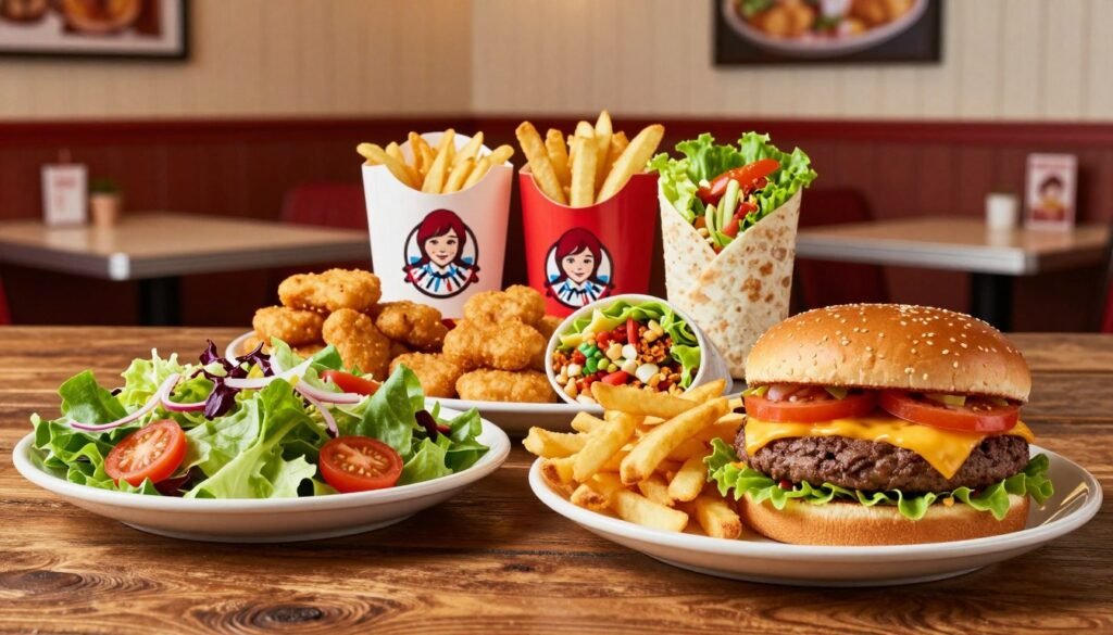 A vibrant and appetizing arrangement featuring a selection of Wendy's budget-friendly menu items showcased on a rustic wooden table. In the foreground, a neatly plated cheeseburger with fresh toppings, crispy fries, and a fresh salad are elegantly displayed. In the middle, a colorful assortment of value items like chicken nuggets and a spicy lettuce wrap arranged artfully, highlighting their appeal. The background features a cozy diner setting, enhanced by soft, warm lighting that creates an inviting atmosphere. A shallow depth of field blurs the distant details of the diner, keeping the focus on the delicious food. The overall mood is cheerful and inviting, emphasizing the theme of affordability and satisfaction in dining.