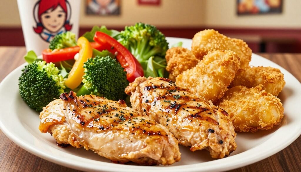 A vibrant and appetizing display of Wendy's keto chicken options, featuring a beautifully arranged plate with grilled chicken breasts, crispy chicken nuggets, and a fresh garden salad, all artfully presented. The foreground showcases the juicy chicken, garnished with herbs and spices to enhance its appeal. In the middle, a colorful array of low-carb vegetables, like broccoli and bell peppers, adds contrast. The background should subtly depict a cozy fast-food diner interior, with warm lighting creating an inviting atmosphere. Capture the scene with a slight overhead angle, emphasizing the deliciousness of the meal. The mood should be friendly and relaxed, inviting viewers to explore these delectable low-carb choices.