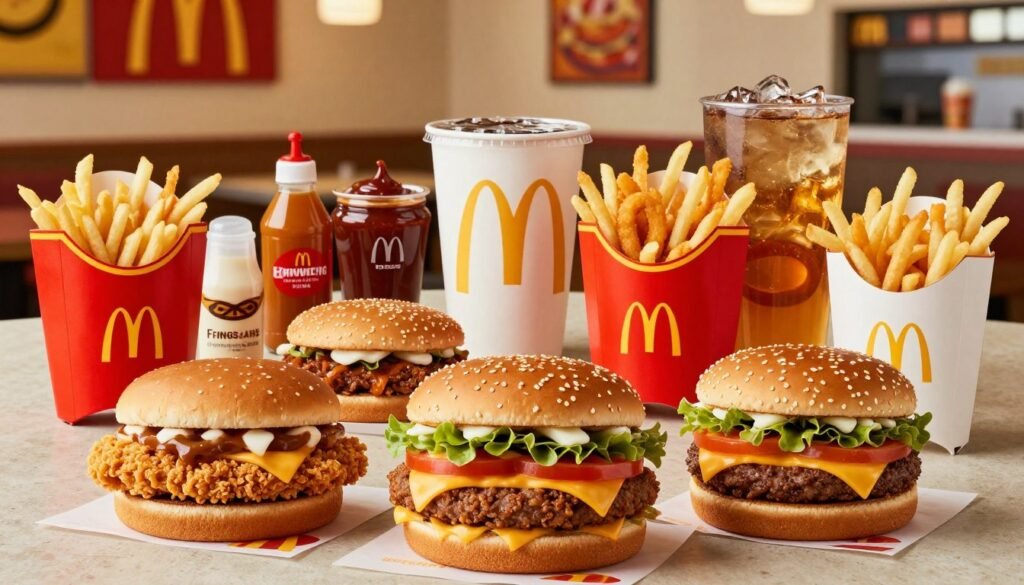 A vibrant and colorful display of various regional McDonald's secret menu items across America, spotlighting unique dishes from different regions. In the foreground, a tantalizing arrangement includes the "McGangBang" sandwich, a crispy McChicken wedged between a double cheeseburger, and "Frings," a mix of fries and onion rings served in a McDonald's carton. In the middle ground, feature a table with a diverse array of iconic McDonald's sauces, like sweet and sour or Szechuan, and a refreshing drink with ice. The background shows a cozy McDonald's interior with warm, inviting lighting and familiar decor elements, creating a nostalgic atmosphere. Use a slightly overhead angle to capture the enticing details of the food while maintaining a clean and appetizing presentation.