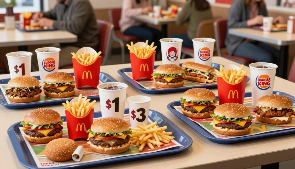 A vibrant and detailed comparison of fast food value menus, featuring McDonald's iconic $1 $2 $3 Menu items prominently displayed in the foreground. Include various menu items such as burgers, fries, and beverages arranged artistically on a colorful tray. In the middle ground, showcase similar value items from competitors like Burger King and Wendy's, creatively presented on comparable trays. The background should feature a casual fast-food restaurant setting with blurred customers enjoying their meals, creating a bustling atmosphere. Utilize bright and inviting lighting to enhance the appeal of the food items, and a slight overhead angle to capture the full display. Aim for a lively and informative mood, emphasizing the affordability and variety of fast food offerings.