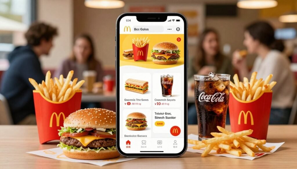 A vibrant and enticing depiction of a smartphone displaying the McDonald's app interface, showcasing exclusive deals and promotions. In the foreground, a beautifully arranged table features a tempting assortment of McDonald's menu items, including a Big Mac, crispy fries, and a refreshing Coca-Cola, all glistening under bright, inviting lighting. The middle layer captures the app’s colorful graphics with deals highlighted, while the background shows a cozy restaurant setting with friendly patrons enjoying their meals, enhancing the welcoming atmosphere. The overall mood is cheerful and appetizing, conveying excitement about delicious offers. Use a soft focus effect for the background to emphasize the foreground details, with warm lighting to create an inviting ambiance.