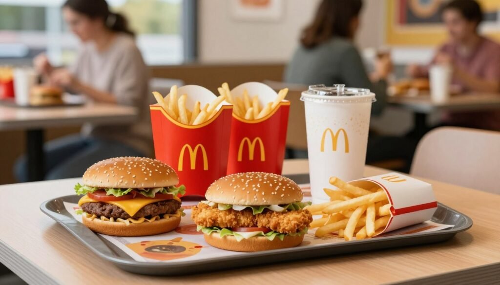 A vibrant and enticing display of McDonald's Value Menu items on a wooden restaurant table. In the foreground, a neatly arranged tray showcases a variety of iconic menu items, including a cheeseburger, crispy chicken sandwich, small fries, and a drink, all appearing fresh and appealing. The middle ground features a bright red McDonald's logo and iconic packaging designs that reflect the affordable nature of the menu. The background has a soft-focus view of a cheerful, well-lit fast-food environment, with faint outlines of patrons enjoying their meals. The atmosphere is inviting and lively, embodying a sense of value and community. The scene is illuminated with warm, natural light, creating a welcoming feel that highlights the food's appetizing colors. Capture this from a slightly elevated angle to emphasize the delicious offerings.