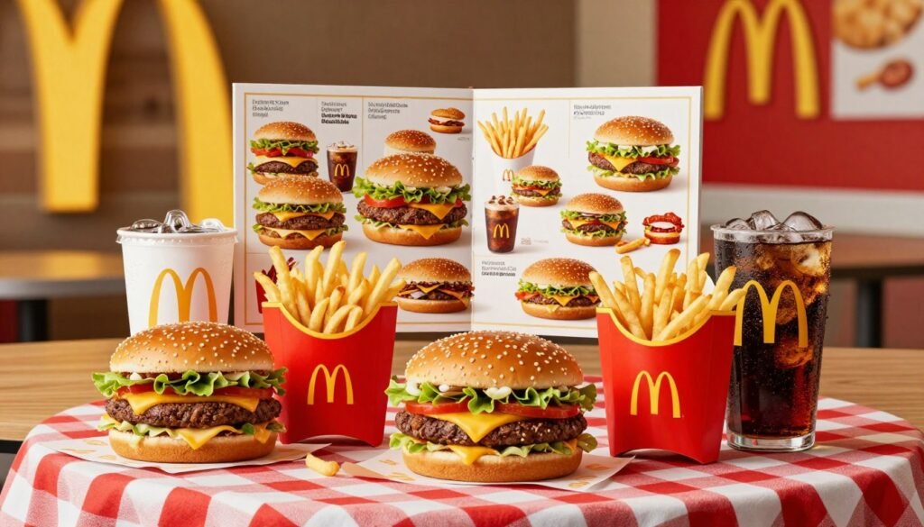 A vibrant and enticing display of McDonald's combo deals assembled on a wooden table. In the foreground, several iconic items like a Big Mac, crispy fries, and a cold soda are artistically arranged on a red and white checkered tablecloth. The middle layer features a few menu posters highlighting the deals, adding a playful ambiance. In the background, a cheerful McDonald's restaurant scene with bright yellow and red decor subtly hints at the fast-food experience. Soft lighting emphasizes the delicious textures of the food, enhancing their visual appeal. The atmosphere is lively and inviting, making the viewer crave the mouthwatering flavors of the combo deals. Use a slightly elevated angle to capture the display beautifully, ensuring all elements are well-lit and appetizing.