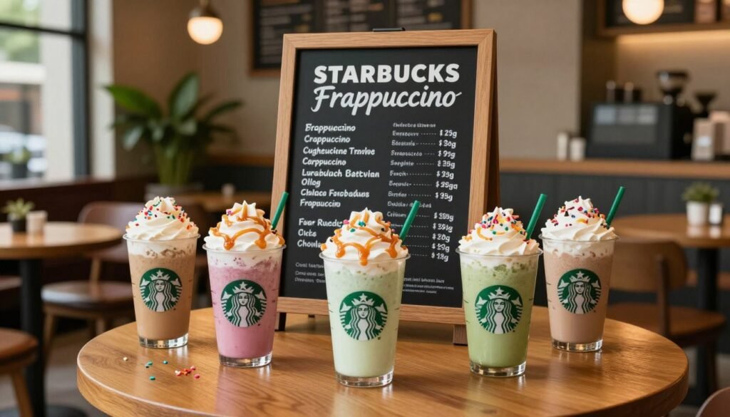 A vibrant and inviting Starbucks Frappuccino menu displayed in an elegant café setting, focusing on an array of colorful blended beverages. In the foreground, a wooden table showcases three stylishly presented Frappuccino drinks topped with whipped cream, intricate caramel drizzles, and colorful sprinkles, each in clear glass cups. The middle features a chalkboard menu elegantly handwritten with the names of various Frappuccino flavors, emphasizing the creamy textures and fresh ingredients. In the background, soft ambient lighting bathes the café, with comfy seating and leafy indoor plants, creating a warm and welcoming atmosphere. Natural light filters through large windows, casting a gentle, inviting glow. The mood is casual yet sophisticated, perfect for coffee lovers.