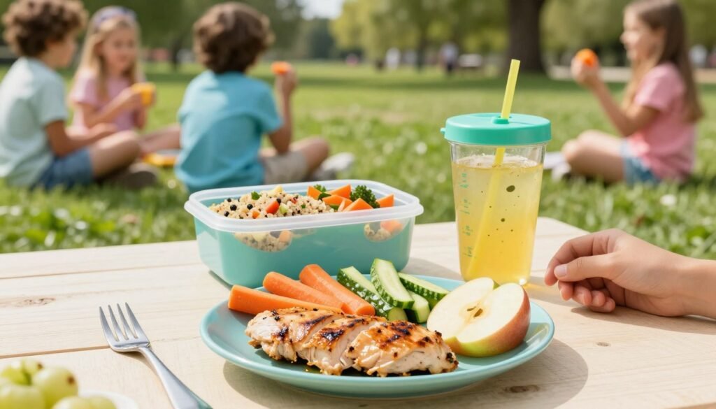 A vibrant and inviting display of healthy kids' meal options, featuring a colorful assortment of nutritious foods. In the foreground, a cheerful, balanced meal plate with grilled chicken strips, carrot and cucumber sticks, and a small portion of apple slices, artistically arranged. In the middle, a kid-friendly, reusable container filled with quinoa salad and mixed vegetables, complemented by a refreshing drink in a fun, reusable cup. The background showcases a sunny park setting with green grass and playful children in modest casual clothing, enjoying their meals together. The lighting should be bright and natural, creating an uplifting and joyful atmosphere, captured from a slightly elevated angle to emphasize the meal and the cheerful surroundings.