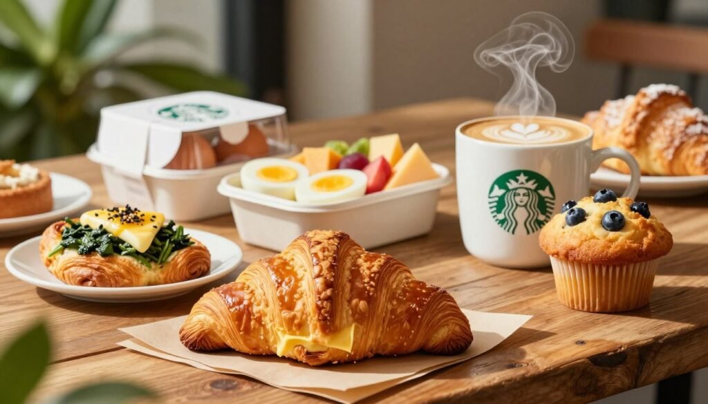 A vibrant bakery display featuring the best Starbucks breakfast items, arranged neatly on a rustic wooden table. In the foreground, a golden croissant glistens with a buttery sheen, accompanied by a fluffy spinach and feta pastry. Next to them, a steaming mug of latte art sits beside a fresh blueberry muffin with a crispy top. In the middle, a selection of protein boxes with hard-boiled eggs, cheese, and fruit is elegantly presented. Soft morning light filters in from the side, casting warm shadows that enhance the inviting atmosphere. A blurred background includes hints of greenery and soft pastries, creating a cozy café setting. The scene radiates a cheerful and fresh morning vibe, perfect for a tasty breakfast start.
