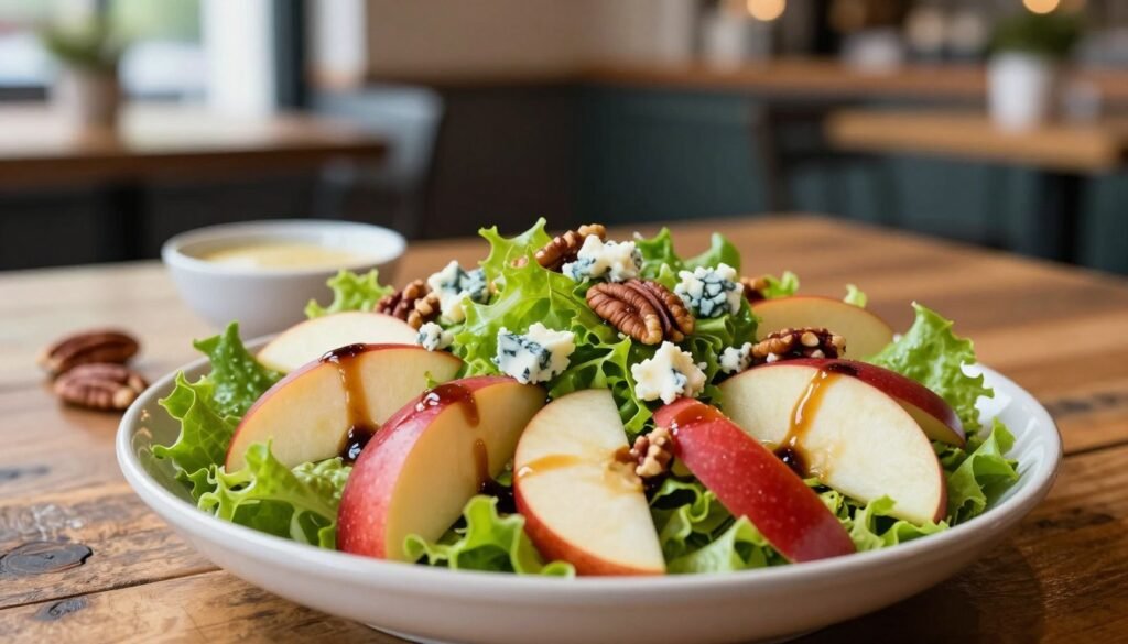A vibrant, close-up view of Wendy's Apple Pecan Salad on a rustic wooden table. In the foreground, the fresh salad is beautifully arranged, showcasing crisp green lettuce, slices of juicy red apple, and crunchy pecans drizzled with a light balsamic vinaigrette. The salad's texture contrasts with creamy blue cheese crumbles sprinkled over the top, adding a touch of elegance. In the middle, softly blurred out, a small bowl of additional dressing and a few whole pecans lay casually. The background features a softly lit cafe setting, with warm tones and natural light filtering through a window. The scene evokes a cozy, inviting atmosphere, perfect for those seeking a sweet and savory dining experience. Aim for sharp focus on the salad with a shallow depth of field to enhance the details and colors.