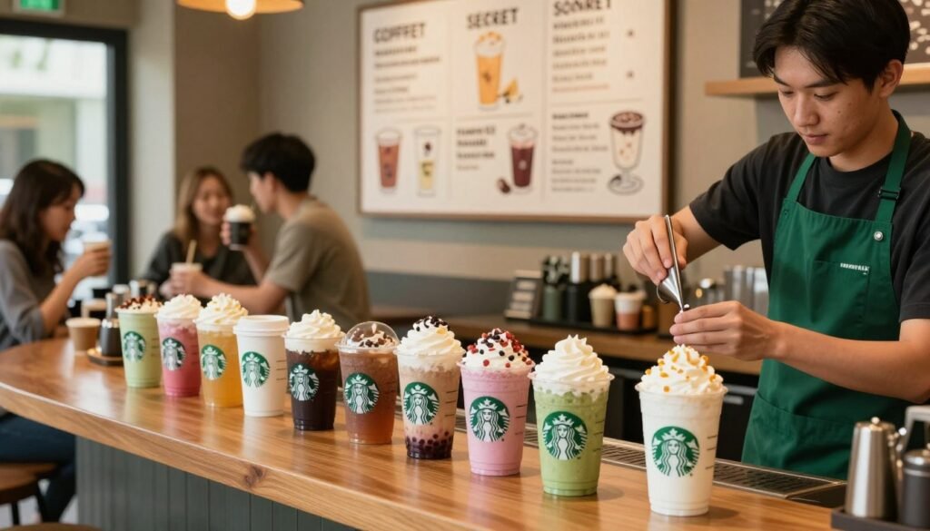 A vibrant coffee shop scene showcasing an inviting, stylish Starbucks countertop filled with an array of colorful secret menu drinks, each in unique, eye-catching cups. In the foreground, a barista in a green apron skillfully prepares a drink with whipped cream and colorful toppings, exuding enthusiasm and professionalism. The middle of the image features a display board with creatively crafted secret drink names outlined with decorative art, hinting at the flavors without revealing too much. The background is softly blurred, depicting a cozy café atmosphere with customers enjoying drinks and friendly conversations. Warm, natural lighting enhances the inviting mood, making the setting feel friendly and energetic, perfect for a community of coffee lovers eager to explore hidden drink favorites.