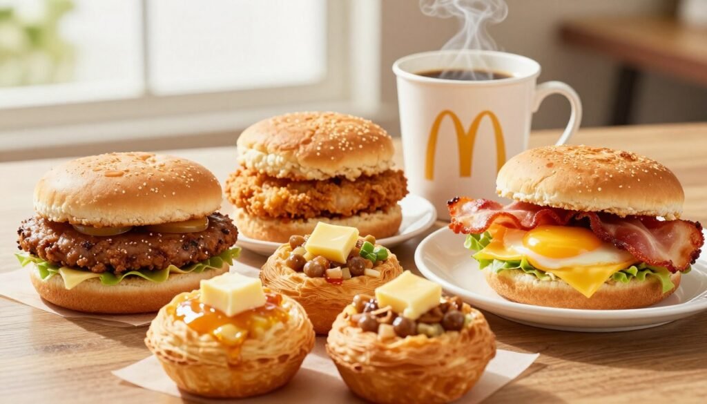 A vibrant display of McDonald's Dollar Menu breakfast items, featuring a variety of classic offerings such as a Sausage McMuffin, McChicken Biscuit, and a Bacon, Egg & Cheese Biscuit, artfully arranged on a wooden breakfast table. In the foreground, focus on the golden, flaky pastries, topped with glistening butter and fresh ingredients. The middle ground features a fresh cup of coffee, steam rising gently, providing a warm touch. In the background, subtly blurred, a bright window allows natural light to cascade in, creating an inviting morning atmosphere. The colors are warm and appetizing, emphasizing the deliciousness of the breakfast items. Capture this scene with a slightly overhead angle, using soft lighting to enhance the inviting feel of a classic breakfast experience at McDonald's.