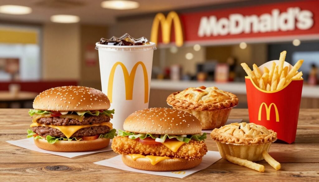 A vibrant display of McDonald's dollar menu items artfully arranged on a rustic wooden table. In the foreground, showcase iconic choices like the classic cheeseburger, crispy chicken sandwich, and a small fry, highlighting their appetizing textures and colors. In the middle ground, include a refreshing cup of soft drink and a warm apple pie, evoking feelings of comfort and nostalgia. The background features a softly blurred McDonald's restaurant setting with warm colors and gentle ambient lighting, creating a welcoming atmosphere. Use a slightly elevated angle for a dynamic view, capturing the delicious details of each item while maintaining a clean, appetizing look. The overall mood should be cheerful and inviting, perfect for food enthusiasts.